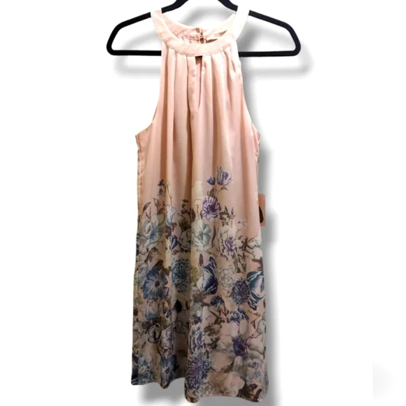 Forever 21 Women's Blush Pink Ivory Blue Floral Halter Neck Mini Shift Dress- M - Picture 3 of 9